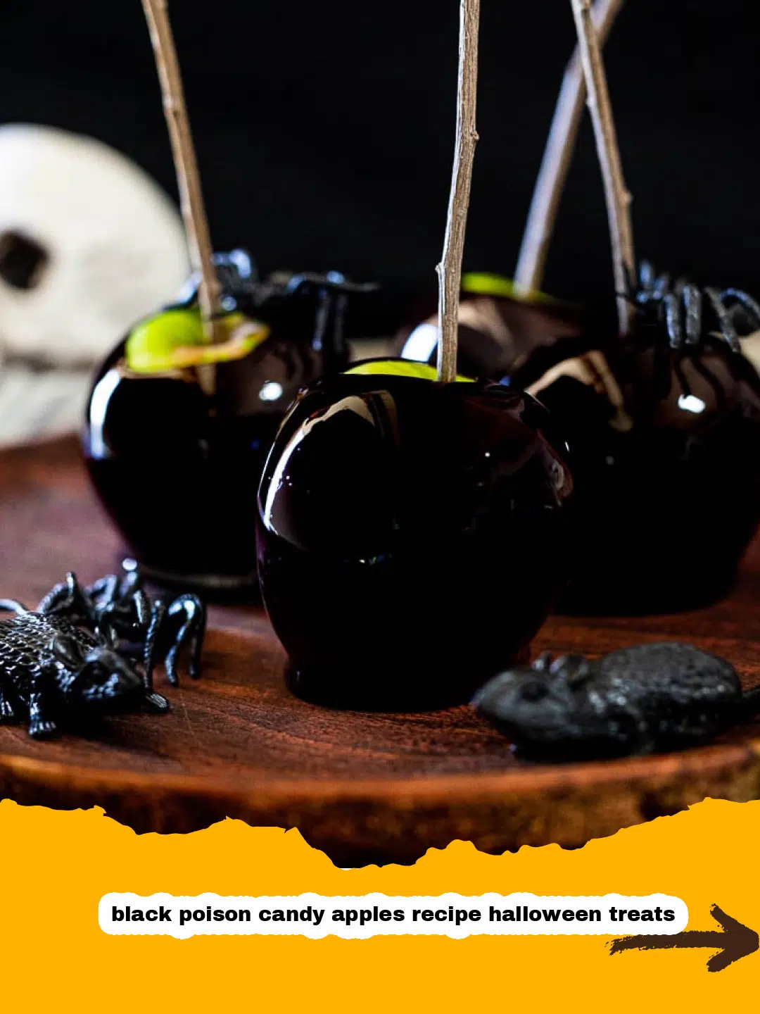 Prepared Apples for Black Poison Candy Apple Recipe Green apples with sticks inserted, ready for dipping in black candy coating