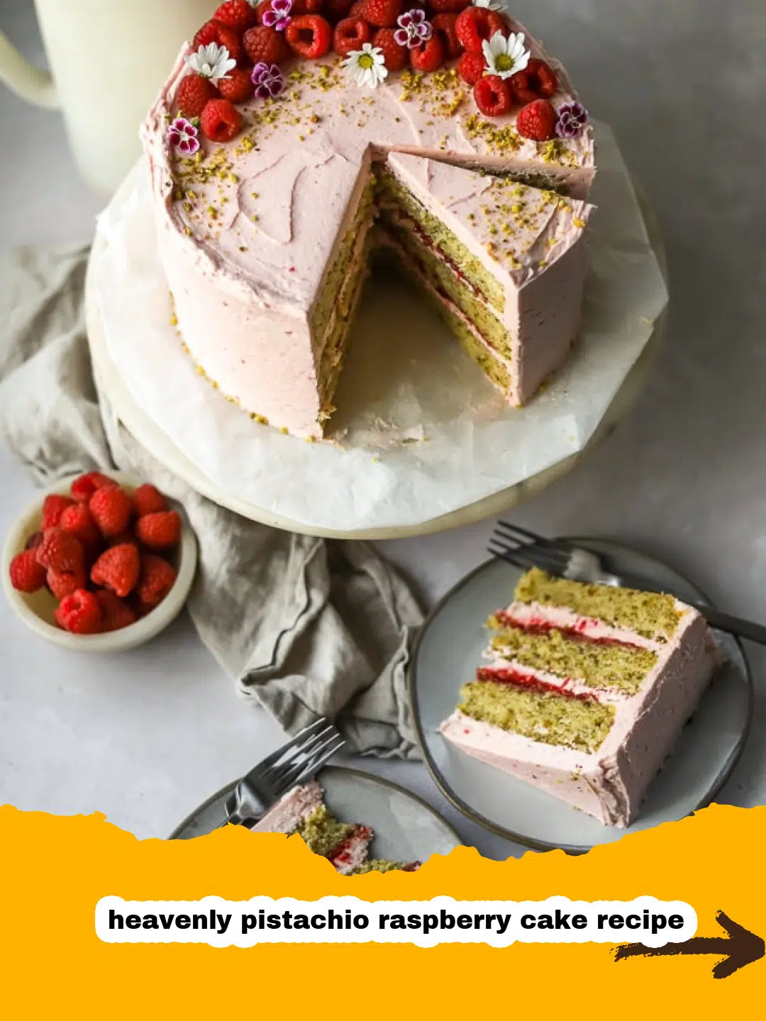Pistachio Raspberry Cake Batter Preparation Mixing vibrant green pistachio cake batter with fresh raspberries and ground pistachios visible, showing the preparation process