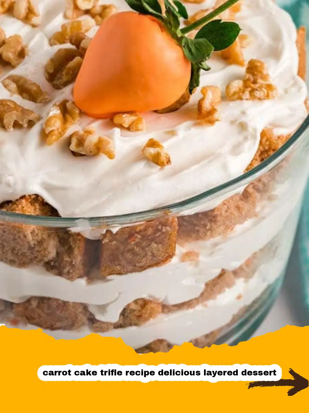 Carrot Cake Trifle Layering Process Hands layering moist carrot cake cubes and creamy cream cheese frosting in a glass trifle bowl, showcasing the delicious layered dessert