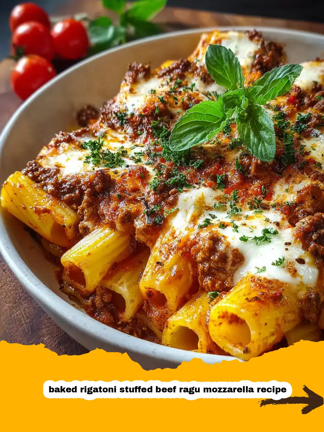 Stuffed Rigatoni Pasta with Beef Ragu and Mozzarella Preparation Close-up of stuffed rigatoni pasta standing vertically in a baking dish, covered with rich beef ragu and ready for mozzarella