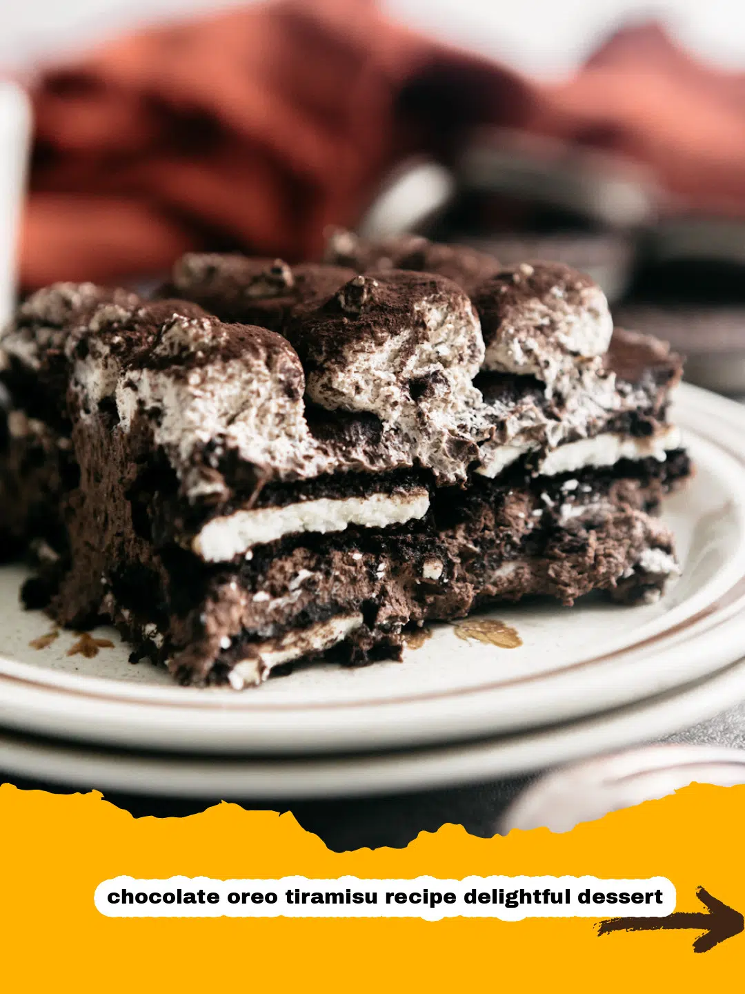 Assembling Chocolate Oreo Tiramisu Hands preparing layers of coffee-soaked Oreo cookies and creamy mascarpone for chocolate Oreo tiramisu.