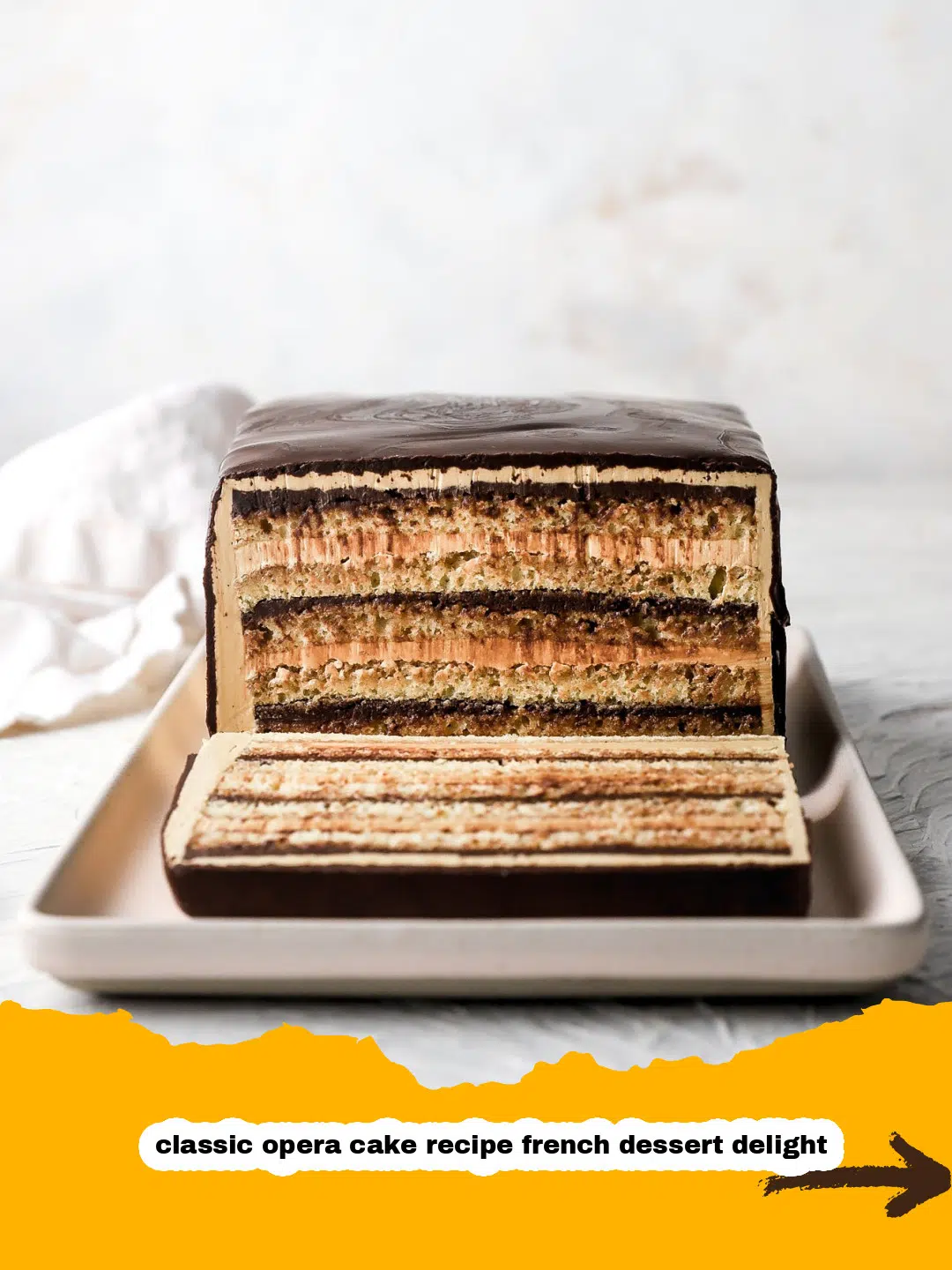 Opera Cake Layering Process Hands preparing layers of a classic opera cake, spreading coffee buttercream over almond joconde sponge.
