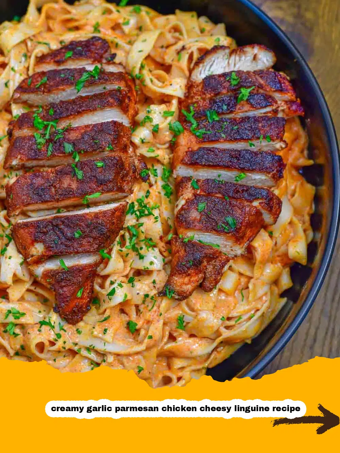 Searing Chicken with Garlic for Cheesy Linguine Golden-brown chicken pieces searing in a pan with minced garlic, ready for a creamy parmesan linguine sauce