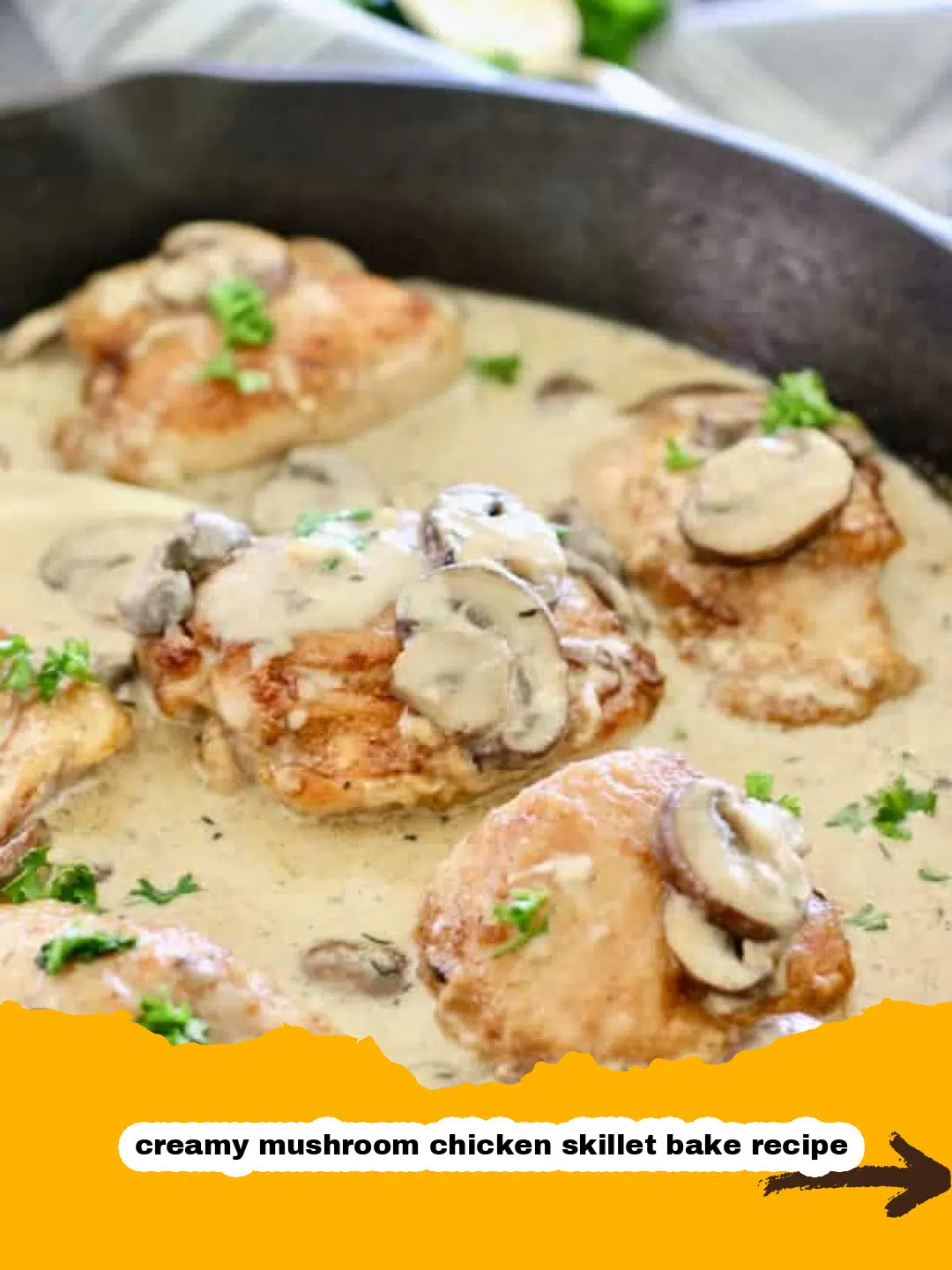 Skillet Bake Prep: Searing Chicken and Sautéing Mushrooms Searing chicken thighs and sautéing cremini mushrooms in a cast-iron skillet for a creamy chicken bake