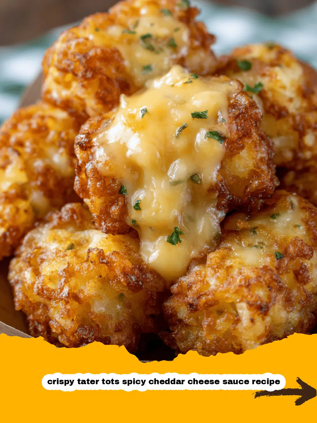 Crispy Tater Tots with Spicy Cheddar Cheese Sauce Perfectly crispy golden tater tots generously drizzled with a creamy, spicy cheddar cheese sauce and fresh cilantro garnish, served on a rustic platter