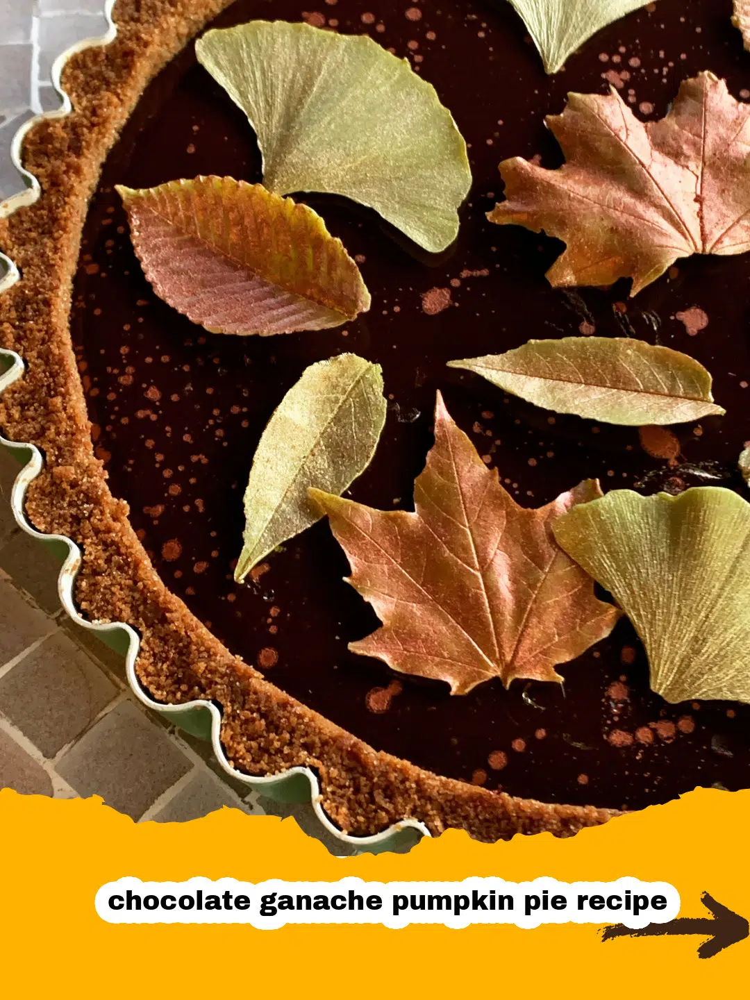 Preparation of Chocolate Ganache Pumpkin Pie Close-up of a chocolate ganache pumpkin pie being prepared, showing the smooth, dark ganache being spread over the creamy pumpkin filling