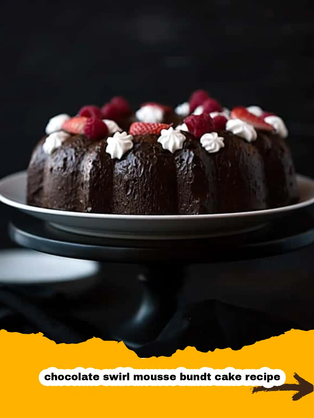 Preparing Chocolate Swirl Mousse Bundt Cake Layers Closeup of a chocolate swirl mousse bundt cake being prepared, showing the distinct layers of rich chocolate cake batter and light chocolate mousse before baking.