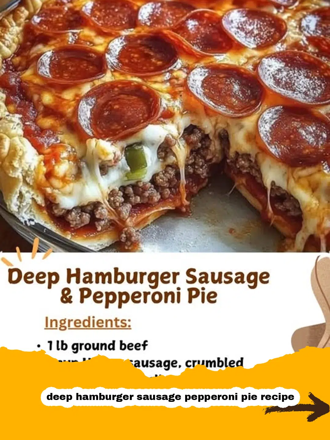 Deep Hamburger Sausage Pepperoni Pie Baking Hearty Deep Hamburger Sausage Pepperoni Pie baking in a pie dish, with bubbling cheese and golden crust