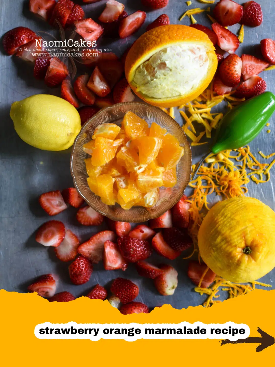 Ripe Strawberries and Zesty Oranges for Marmalade Preparation Freshly prepared strawberries and oranges for homemade marmalade