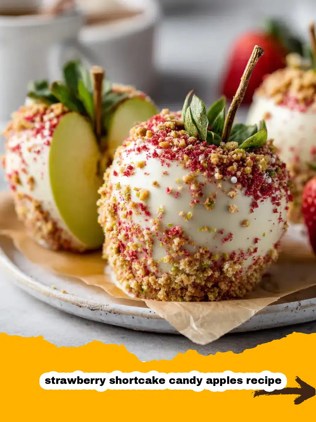 Freshly made Strawberry Shortcake Candy Apples with golden crumbs Delicious strawberry shortcake candy apples, freshly dipped in red candy and rolled in golden Oreo crumbs, with a white chocolate drizzle, ready to set